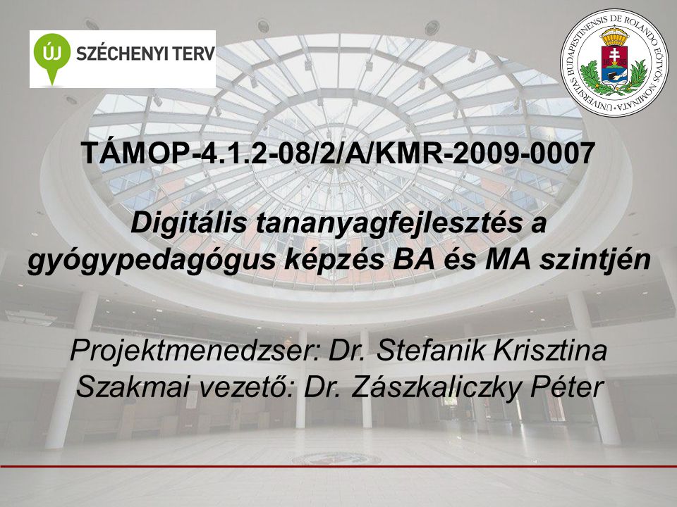 TÁMOP /2/A/KMR Digitális tananyagfejlesztés a gyógypedagógus képzés BA és MA szintjén Projektmenedzser: Dr.
