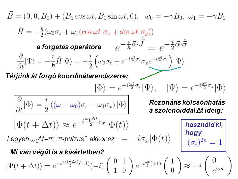 a forgatás operátora Térjünk át forgó koordinátarendszerre: Legyen Δt=π: „π-pulzus , akkor ez Mi van végül is a kísérletben.