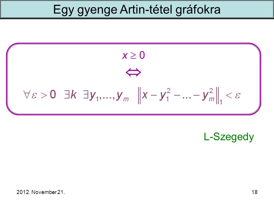 2012. November 21. x  0  Egy gyenge Artin-tétel gráfokra 18 L-Szegedy