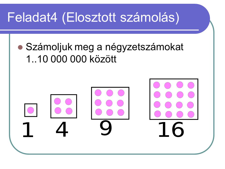 Feladat4 (Elosztott számolás) Számoljuk meg a négyzetszámokat között