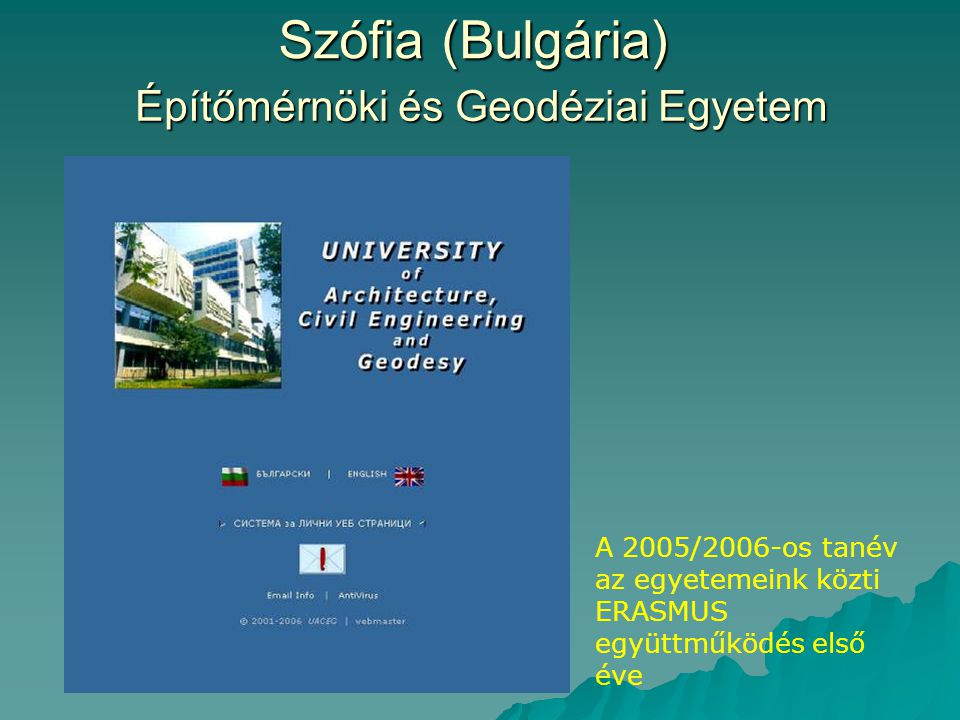 Szófia (Bulgária) Építőmérnöki és Geodéziai Egyetem A 2005/2006-os tanév az egyetemeink közti ERASMUS együttműködés első éve