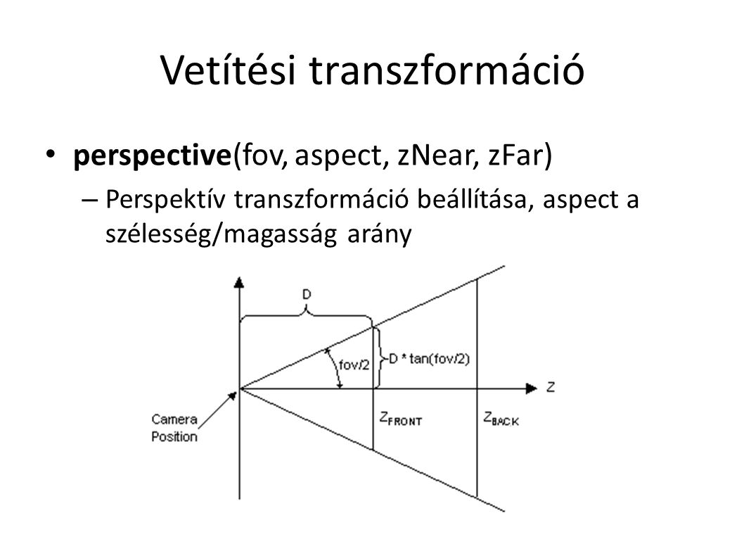 Vetítési transzformáció perspective(fov, aspect, zNear, zFar) – Perspektív transzformáció beállítása, aspect a szélesség/magasság arány