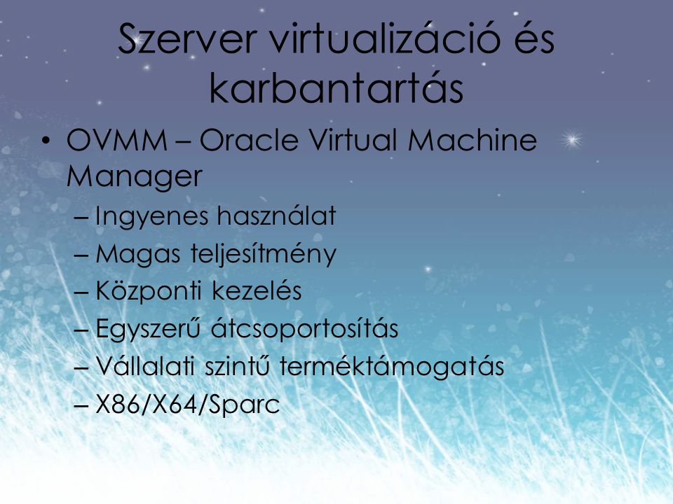 Szerver virtualizáció és karbantartás OVMM – Oracle Virtual Machine Manager – Ingyenes használat – Magas teljesítmény – Központi kezelés – Egyszerű átcsoportosítás – Vállalati szintű terméktámogatás – X86/X64/Sparc