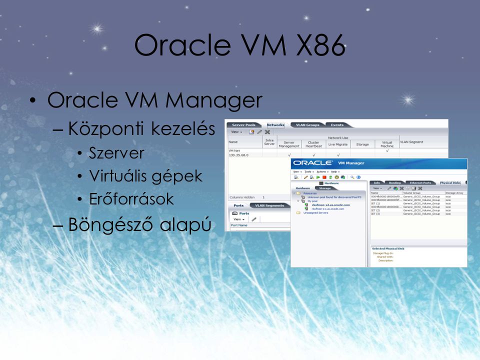 Oracle VM X86 Oracle VM Manager – Központi kezelés Szerver Virtuális gépek Erőforrások – Böngésző alapú