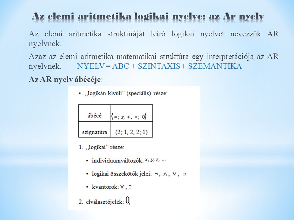 Az elemi aritmetika struktúráját leíró logikai nyelvet nevezzük AR nyelvnek.