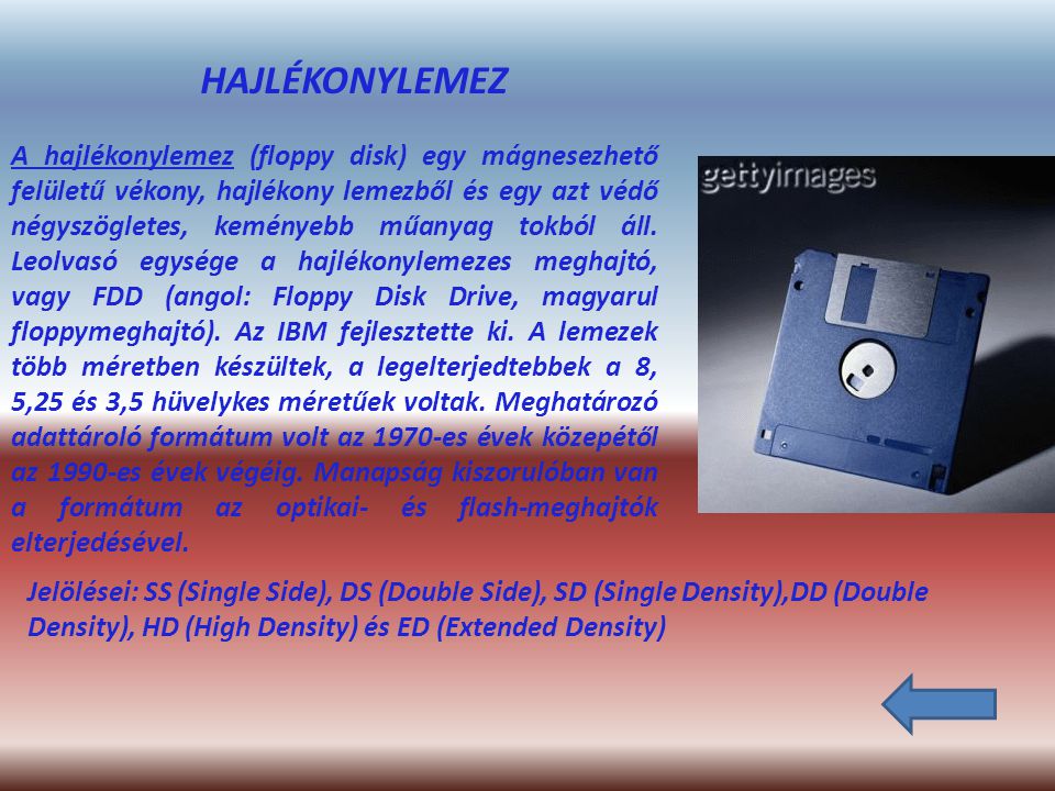 A hajlékonylemez (floppy disk) egy mágnesezhető felületű vékony, hajlékony lemezből és egy azt védő négyszögletes, keményebb műanyag tokból áll.