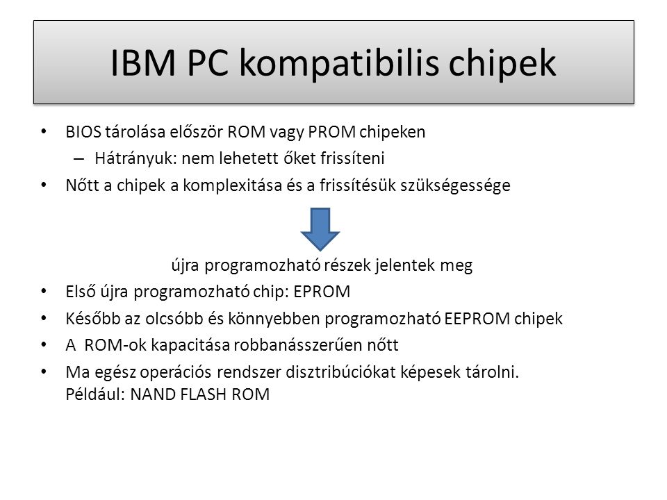 IBM PC kompatibilis chipek BIOS tárolása először ROM vagy PROM chipeken – Hátrányuk: nem lehetett őket frissíteni Nőtt a chipek a komplexitása és a frissítésük szükségessége újra programozható részek jelentek meg Első újra programozható chip: EPROM Később az olcsóbb és könnyebben programozható EEPROM chipek A ROM-ok kapacitása robbanásszerűen nőtt Ma egész operációs rendszer disztribúciókat képesek tárolni.