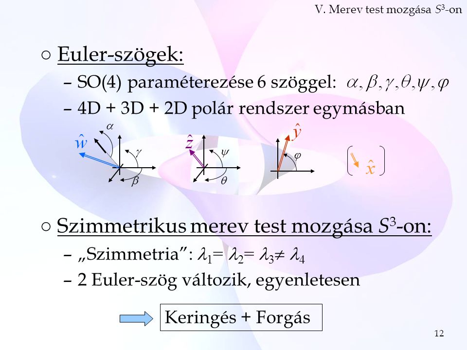12 ○Euler-szögek: –SO(4) paraméterezése 6 szöggel: –4D + 3D + 2D polár rendszer egymásban ○Szimmetrikus merev test mozgása S 3 -on: –„Szimmetria : 1 = 2 = 3  4 –2 Euler-szög változik, egyenletesen       Keringés + Forgás V.