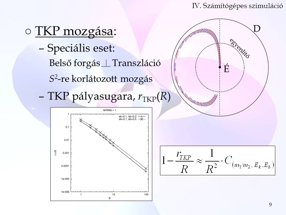 9 ○TKP mozgása: –Speciális eset: –TKP pályasugara, r TKP ( R ) IV.