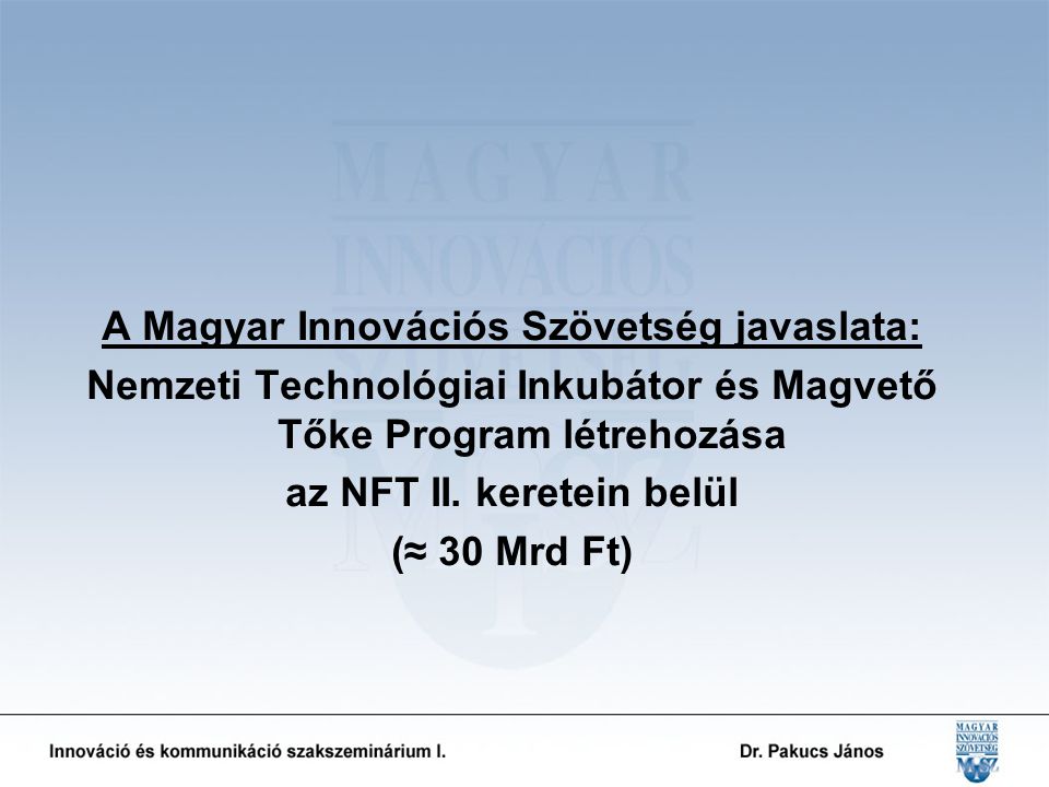 A Magyar Innovációs Szövetség javaslata: Nemzeti Technológiai Inkubátor és Magvető Tőke Program létrehozása az NFT II.