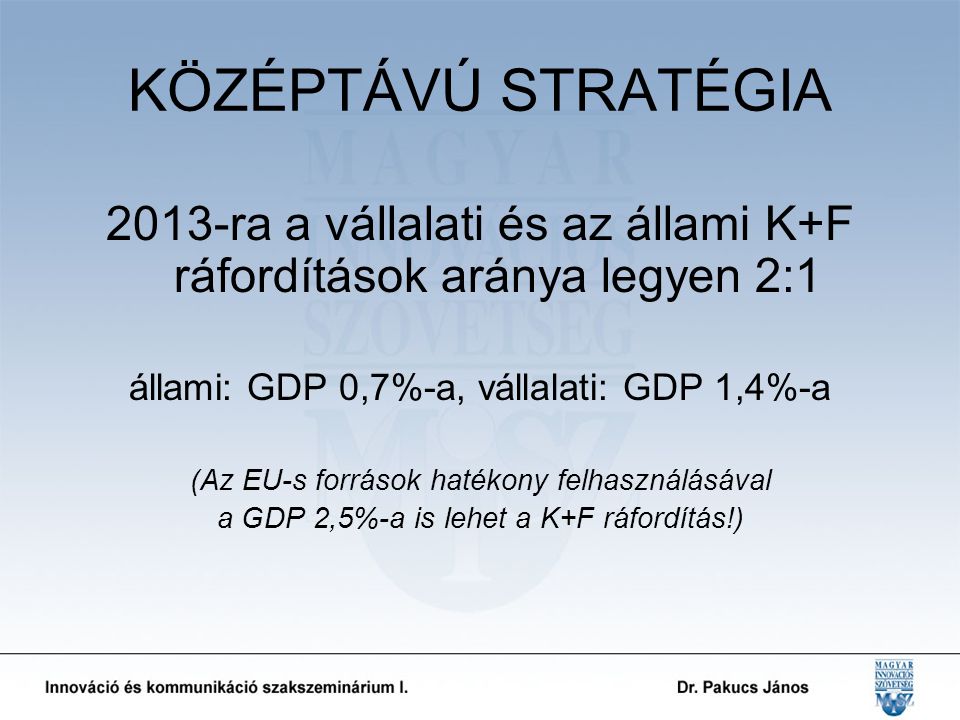KÖZÉPTÁVÚ STRATÉGIA 2013-ra a vállalati és az állami K+F ráfordítások aránya legyen 2:1 állami: GDP 0,7%-a, vállalati: GDP 1,4%-a (Az EU-s források hatékony felhasználásával a GDP 2,5%-a is lehet a K+F ráfordítás!)