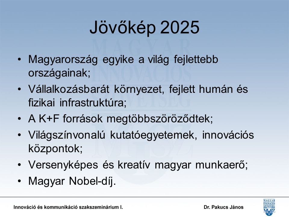 Jövőkép 2025 Magyarország egyike a világ fejlettebb országainak; Vállalkozásbarát környezet, fejlett humán és fizikai infrastruktúra; A K+F források megtöbbszöröződtek; Világszínvonalú kutatóegyetemek, innovációs központok; Versenyképes és kreatív magyar munkaerő; Magyar Nobel-díj.
