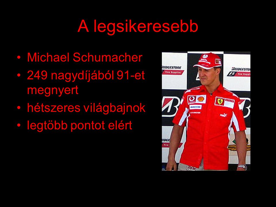 A legsikeresebb Michael Schumacher 249 nagydíjából 91-et megnyert hétszeres világbajnok legtöbb pontot elért