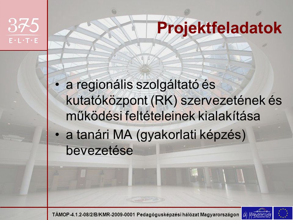 TÁMOP /2/B/KMR Pedagógusképzési hálózat Magyarországon Projektfeladatok a regionális szolgáltató és kutatóközpont (RK) szervezetének és működési feltételeinek kialakítása a tanári MA (gyakorlati képzés) bevezetése