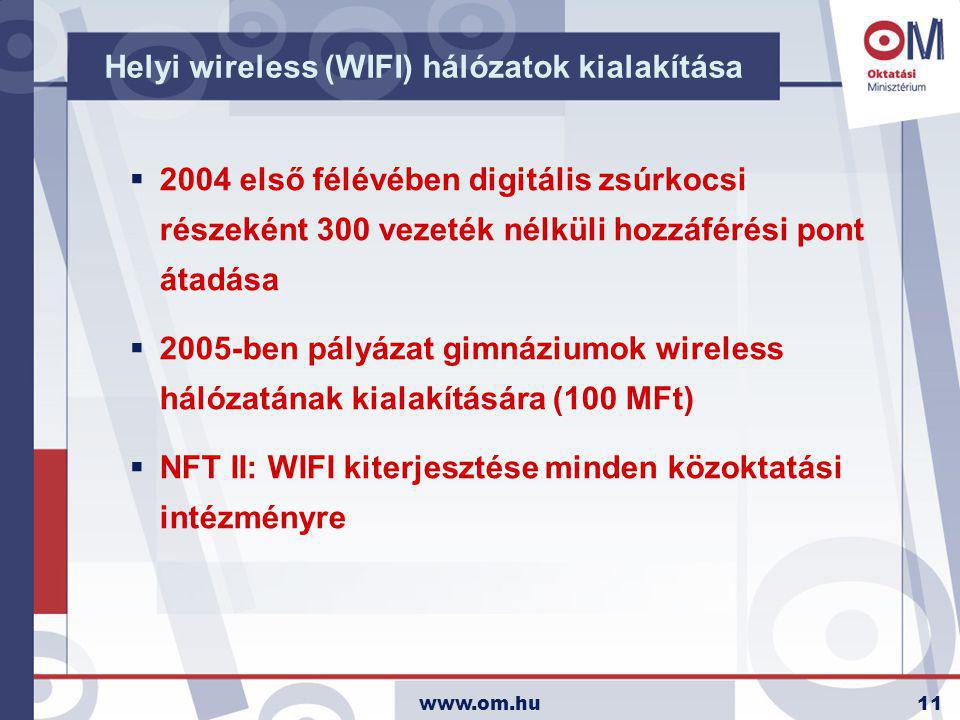 Helyi wireless (WIFI) hálózatok kialakítása  2004 első félévében digitális zsúrkocsi részeként 300 vezeték nélküli hozzáférési pont átadása  2005-ben pályázat gimnáziumok wireless hálózatának kialakítására (100 MFt)  NFT II: WIFI kiterjesztése minden közoktatási intézményre