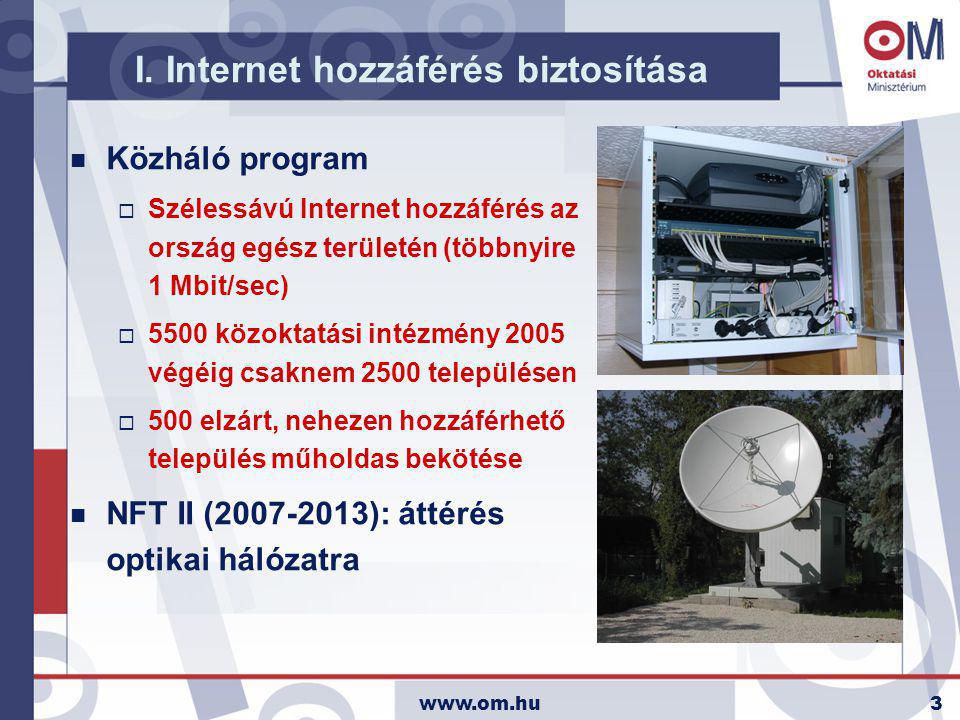 n Közháló program  Szélessávú Internet hozzáférés az ország egész területén (többnyire 1 Mbit/sec)  5500 közoktatási intézmény 2005 végéig csaknem 2500 településen  500 elzárt, nehezen hozzáférhető település műholdas bekötése n NFT II ( ): áttérés optikai hálózatra I.