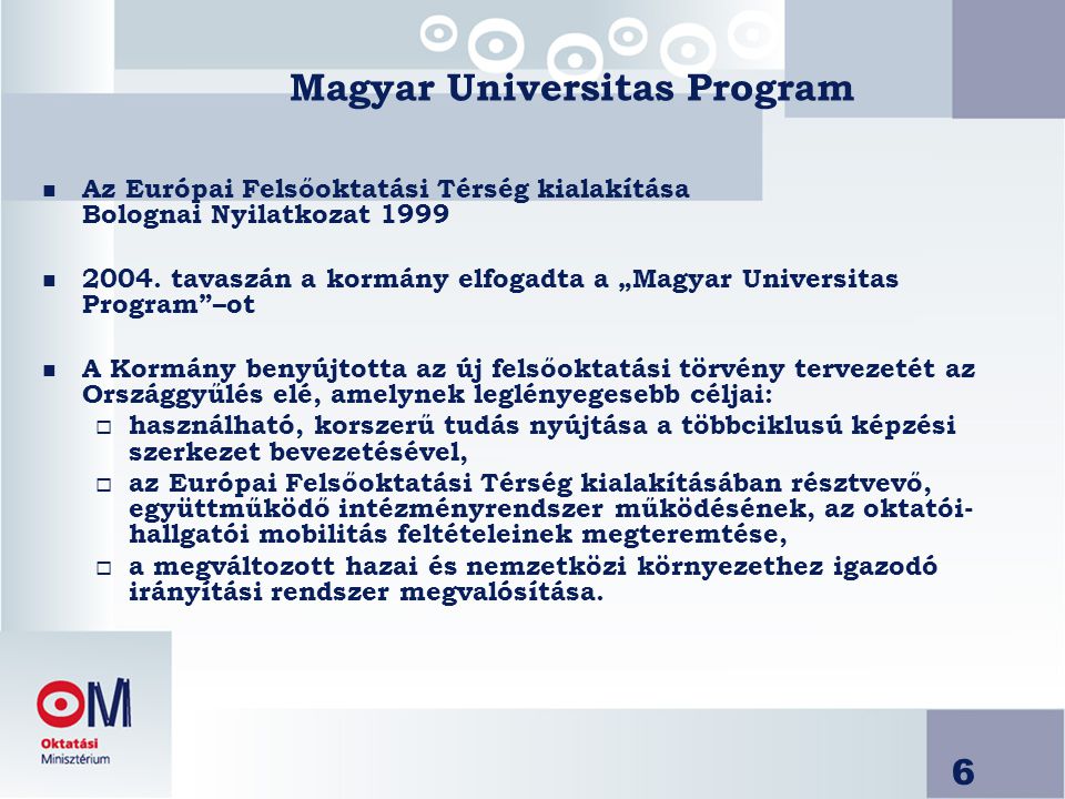 6 Magyar Universitas Program n Az Európai Felsőoktatási Térség kialakítása Bolognai Nyilatkozat 1999 n 2004.