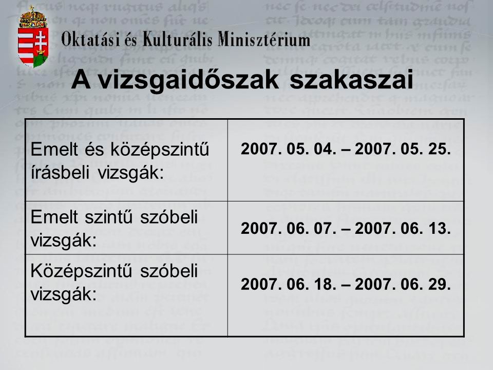 A vizsgaidőszak szakaszai Emelt és középszintű írásbeli vizsgák: 2007.