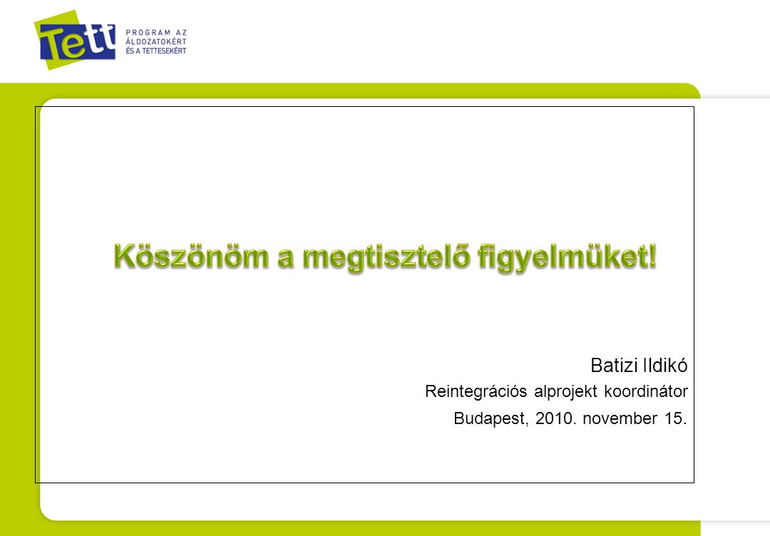Batizi Ildikó Reintegrációs alprojekt koordinátor Budapest, november 15.