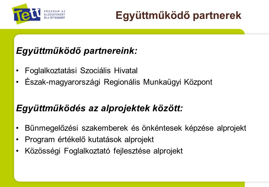 Együttműködő partnerek Együttműködő partnereink: Foglalkoztatási Szociális Hivatal Észak-magyarországi Regionális Munkaügyi Központ Együttműködés az alprojektek között: Bűnmegelőzési szakemberek és önkéntesek képzése alprojekt Program értékelő kutatások alprojekt Közösségi Foglalkoztató fejlesztése alprojekt