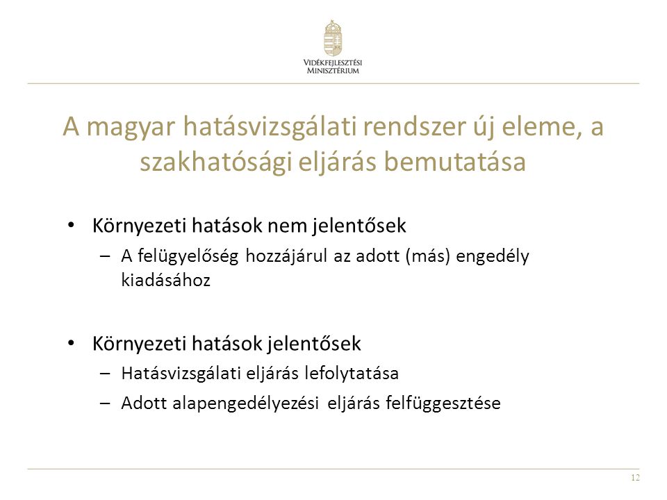 12 A magyar hatásvizsgálati rendszer új eleme, a szakhatósági eljárás bemutatása Környezeti hatások nem jelentősek –A felügyelőség hozzájárul az adott (más) engedély kiadásához Környezeti hatások jelentősek –Hatásvizsgálati eljárás lefolytatása –Adott alapengedélyezési eljárás felfüggesztése