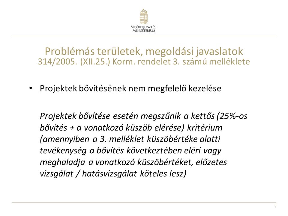 7 Problémás területek, megoldási javaslatok 314/2005.