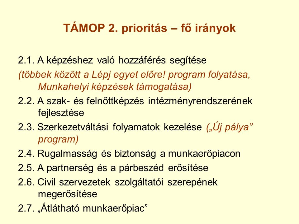 TÁMOP 2. prioritás – fő irányok 2.1.