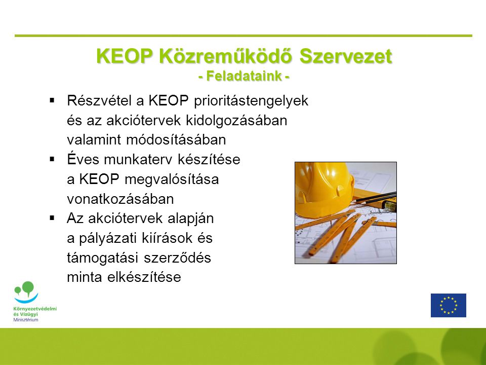 Részvétel a KEOP prioritástengelyek és az akciótervek kidolgozásában valamint módosításában  Éves munkaterv készítése a KEOP megvalósítása vonatkozásában  Az akciótervek alapján a pályázati kiírások és támogatási szerződés minta elkészítése KEOP Közreműködő Szervezet - Feladataink -