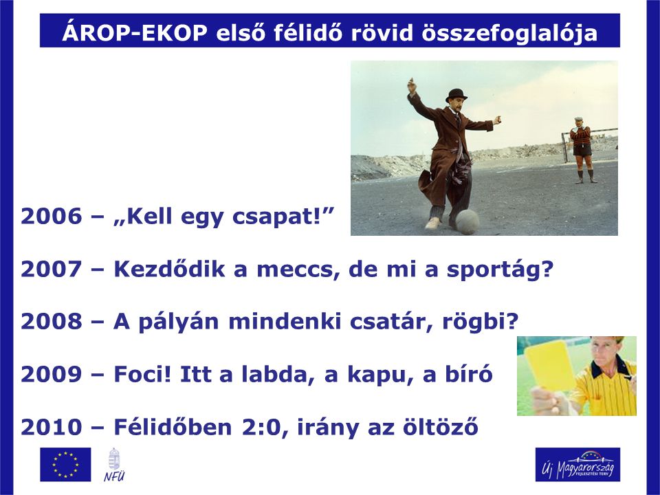 ÁROP-EKOP első félidő rövid összefoglalója 2006 – „Kell egy csapat! 2007 – Kezdődik a meccs, de mi a sportág.