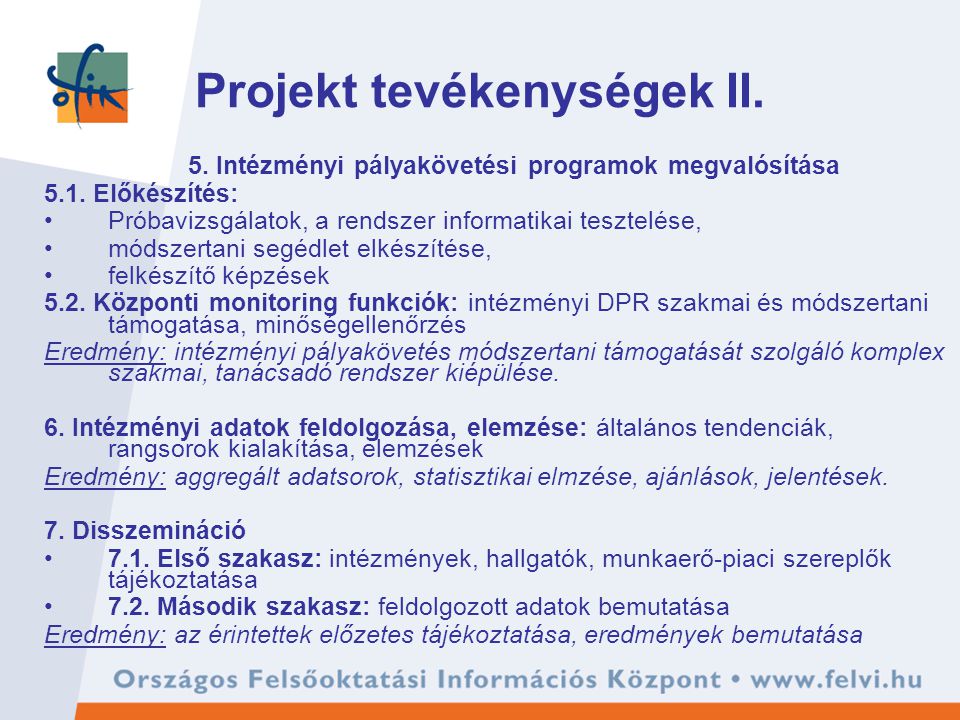 Projekt tevékenységek II. 5. Intézményi pályakövetési programok megvalósítása 5.1.