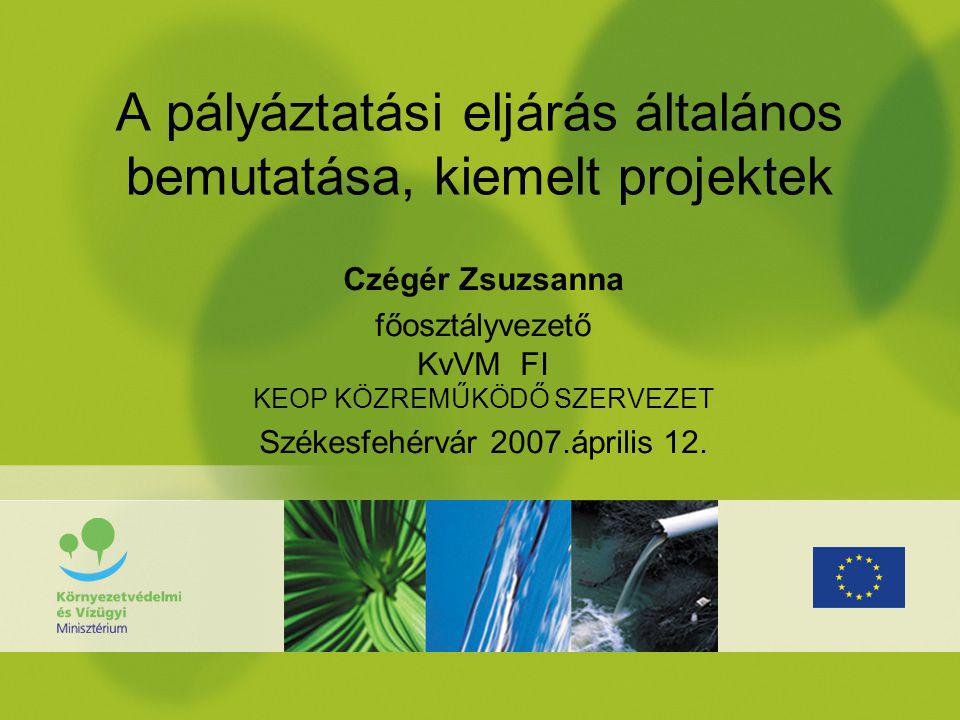 A pályáztatási eljárás általános bemutatása, kiemelt projektek Czégér Zsuzsanna főosztályvezető KvVM FI KEOP KÖZREMŰKÖDŐ SZERVEZET Székesfehérvár 2007.április 12.