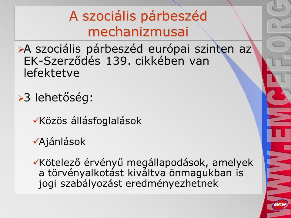 A szociális párbeszéd mechanizmusai  A szociális párbeszéd európai szinten az EK-Szerződés 139.