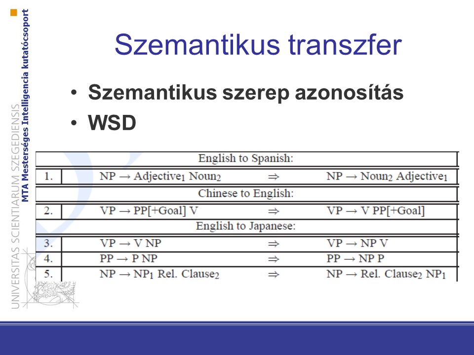 Szemantikus transzfer Szemantikus szerep azonosítás WSD
