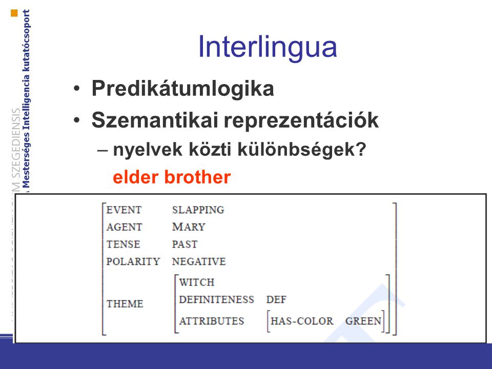 Interlingua Predikátumlogika Szemantikai reprezentációk –nyelvek közti különbségek elder brother