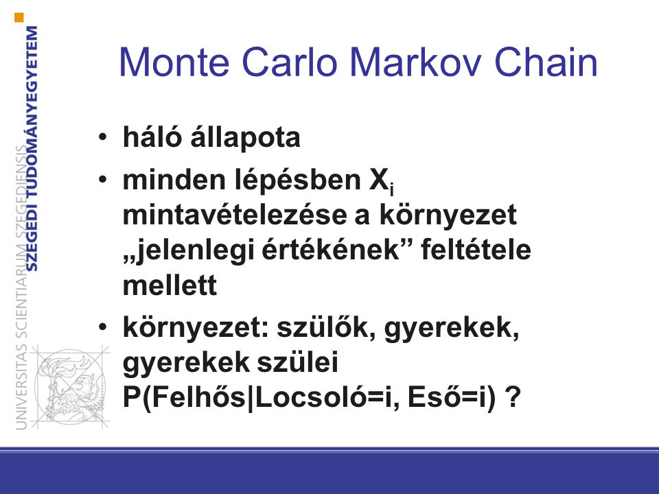 Monte Carlo Markov Chain háló állapota minden lépésben X i mintavételezése a környezet „jelenlegi értékének feltétele mellett környezet: szülők, gyerekek, gyerekek szülei P(Felhős|Locsoló=i, Eső=i)