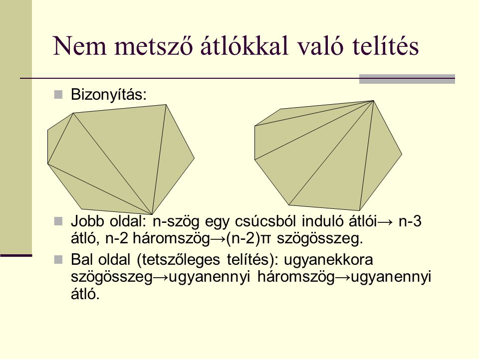 Nem metsző átlókkal való telítés Bizonyítás: Jobb oldal: n-szög egy csúcsból induló átlói→ n-3 átló, n-2 háromszög→(n-2)π szögösszeg.