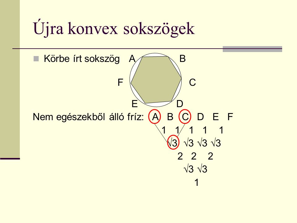 Újra konvex sokszögek Körbe írt sokszög A B 1 1 F C 1 1 E D Nem egészekből álló fríz: A B C D E F √3 √3 √3 √ √3 √3 1