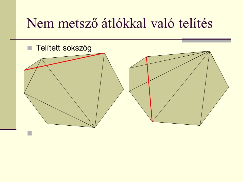 Nem metsző átlókkal való telítés Telített sokszög Észrevétel: Bárhogy végezzük a telítést, ugyanannyi átlót használunk és ugyanannyi háromszöghöz jutunk.