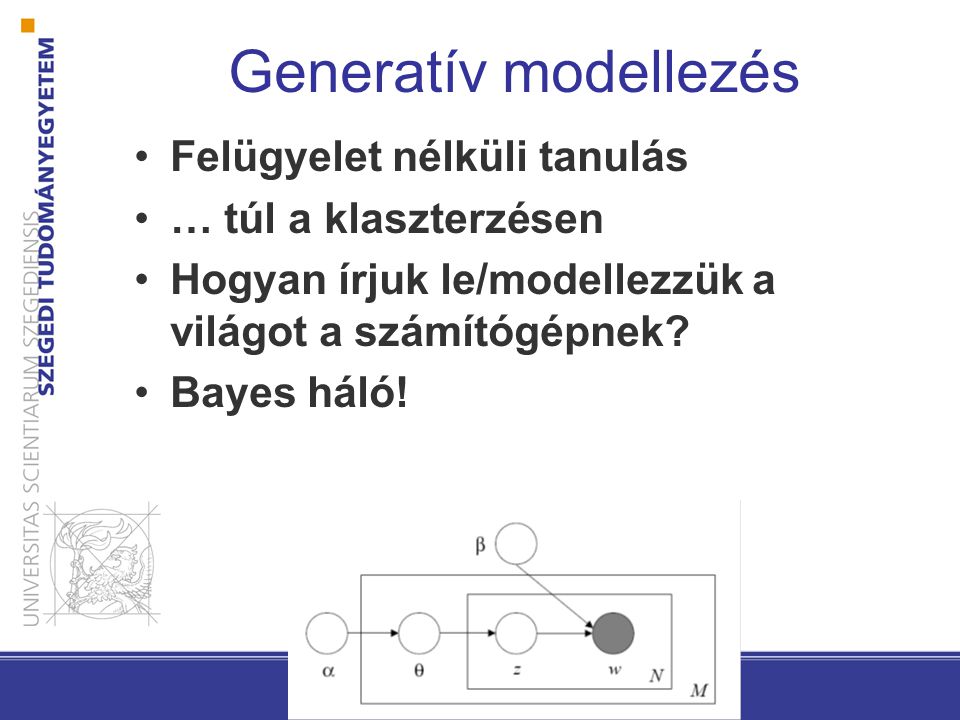 Generatív modellezés Felügyelet nélküli tanulás … túl a klaszterzésen Hogyan írjuk le/modellezzük a világot a számítógépnek.