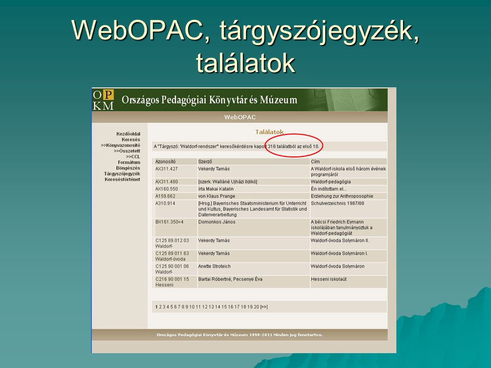 WebOPAC, tárgyszójegyzék, találatok