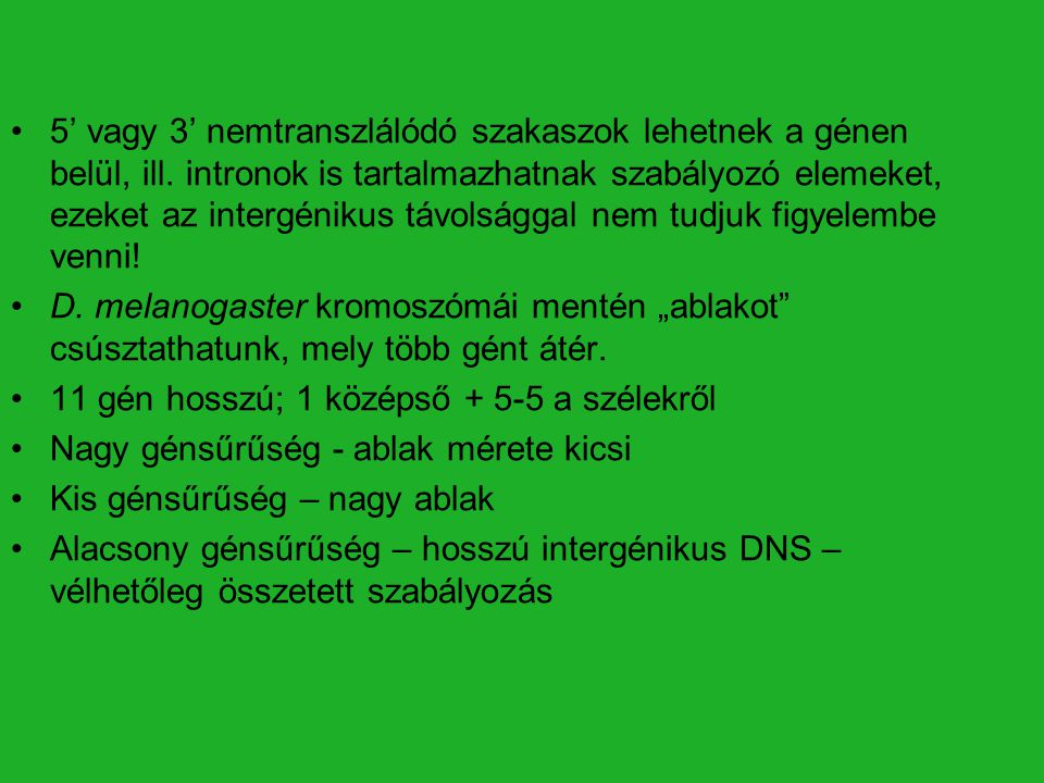 5’ vagy 3’ nemtranszlálódó szakaszok lehetnek a génen belül, ill.