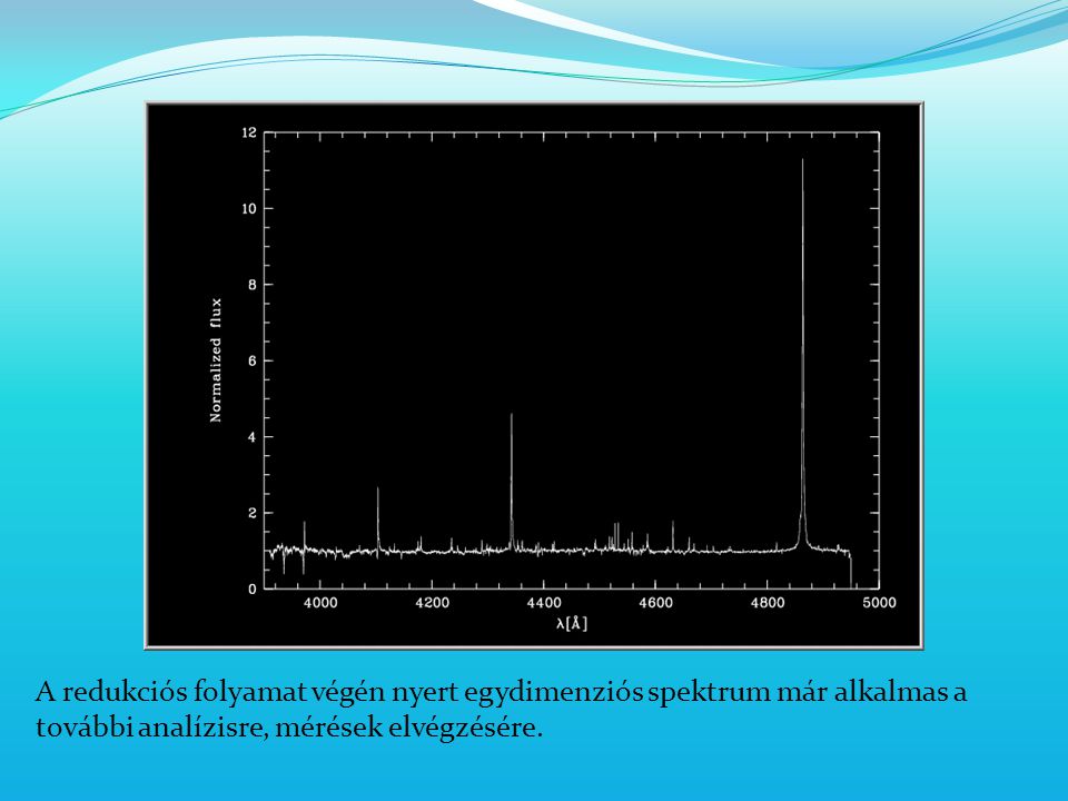 A redukciós folyamat végén nyert egydimenziós spektrum már alkalmas a további analízisre, mérések elvégzésére.