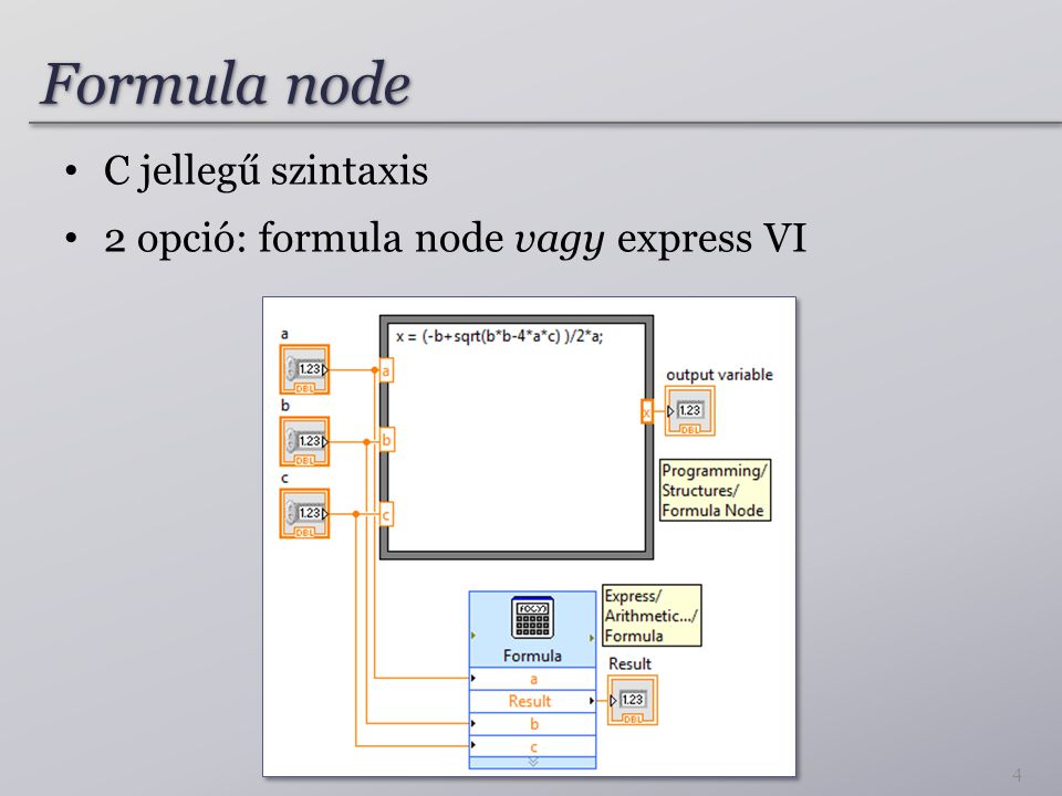 Formula node C jellegű szintaxis 2 opció: formula node vagy express VI 4