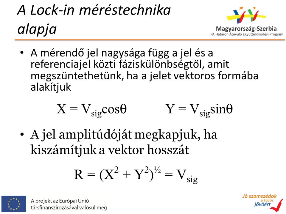 A Lock-in méréstechnika alapja A mérendő jel nagysága függ a jel és a referenciajel közti fáziskülönbségtől, amit megszüntethetünk, ha a jelet vektoros formába alakítjuk A jel amplitúdóját megkapjuk, ha kiszámítjuk a vektor hosszát
