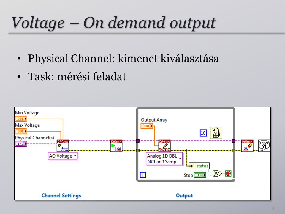 Voltage – On demand output Physical Channel: kimenet kiválasztása Task: mérési feladat 3