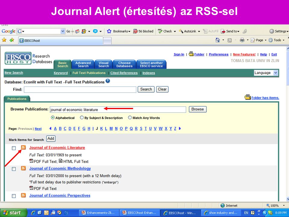 Journal Alert (értesítés) az RSS-sel