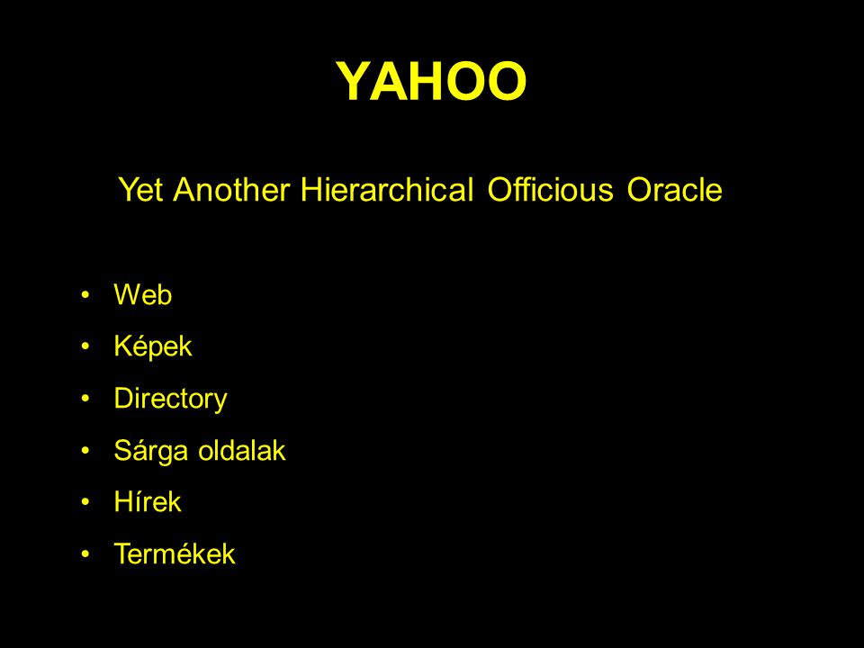 YAHOO Yet Another Hierarchical Officious Oracle Web Képek Directory Sárga oldalak Hírek Termékek