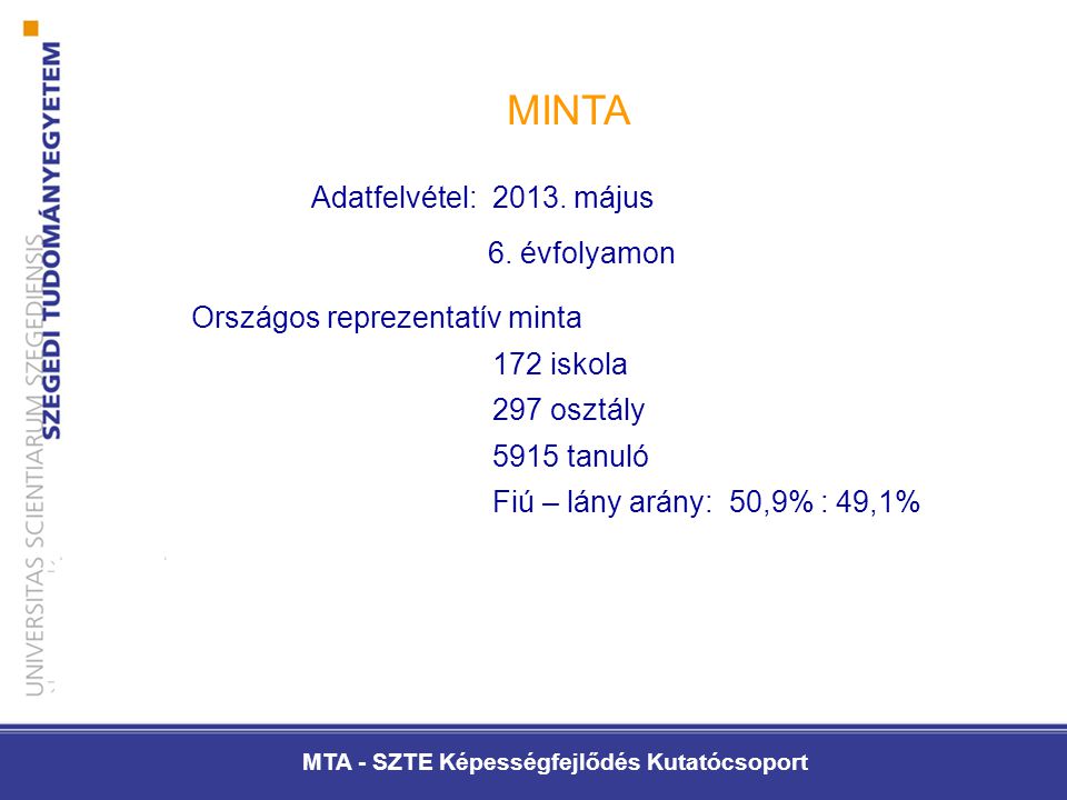 MTA - SZTE Képességfejlődés Kutatócsoport MINTA Adatfelvétel: 2013.