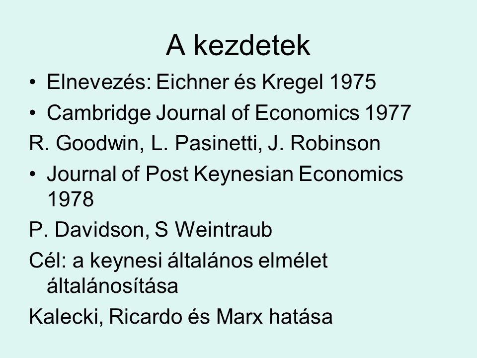 A kezdetek Elnevezés: Eichner és Kregel 1975 Cambridge Journal of Economics 1977 R.