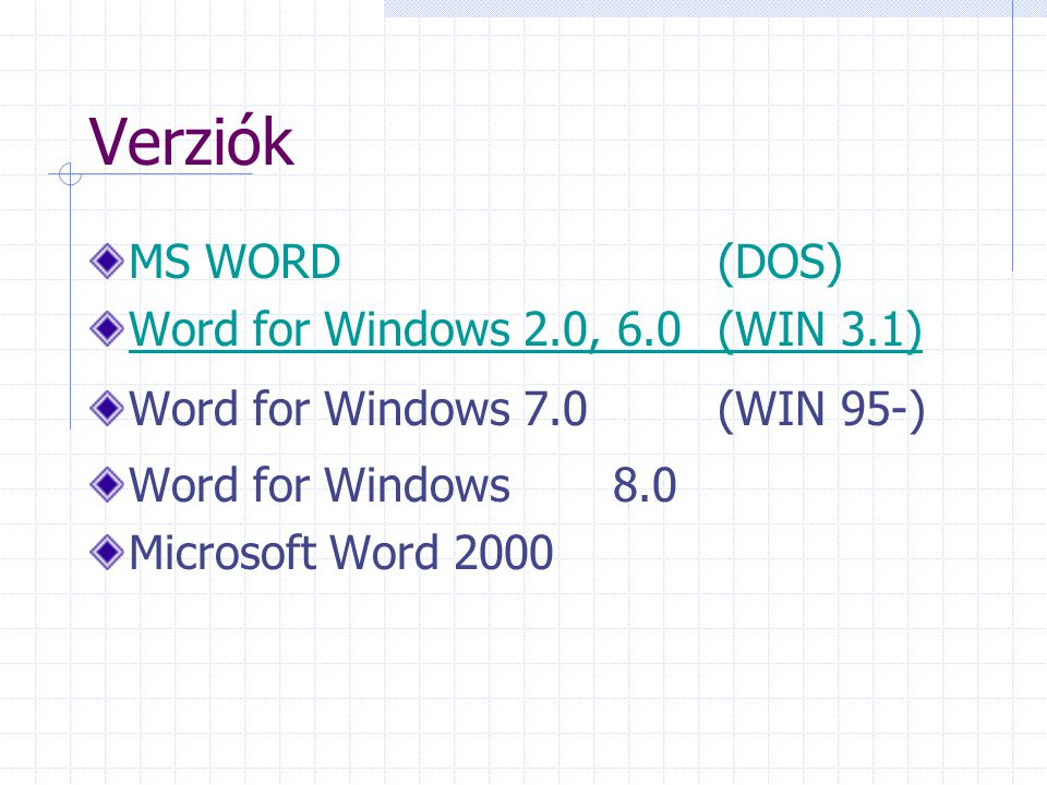 Verziók MS WORD(DOS) Word for Windows 2.0, 6.0 (WIN 3.1) Word for Windows 7.0(WIN 95-) Word for Windows8.0 Microsoft Word 2000